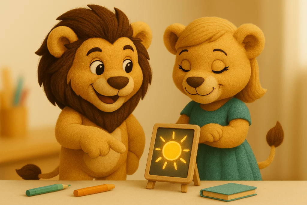 Illustration: Löwe und Löwenkind überlegen gemeinsam an einer Tafel mit Sonne