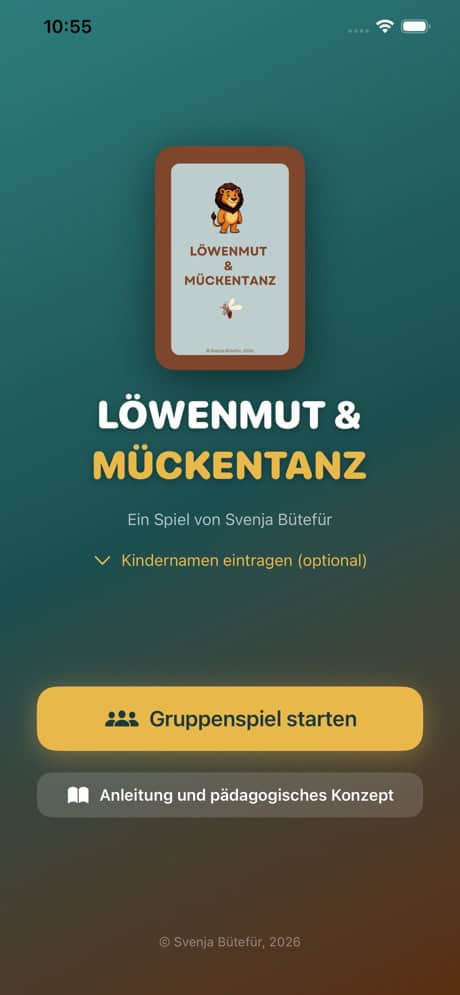 Löwenmut & Mückentanz App iPhone – Startbildschirm