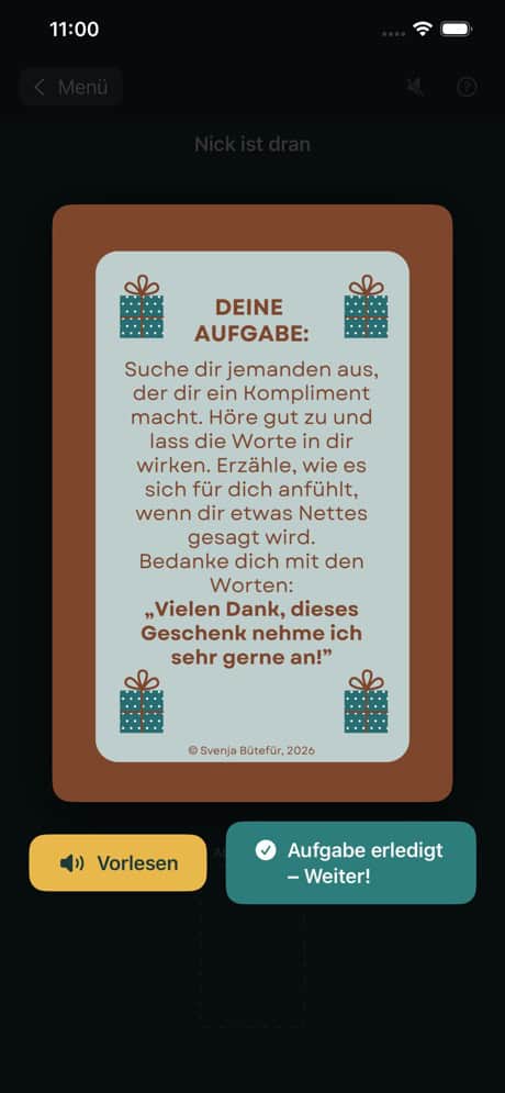 Löwenmut & Mückentanz App iPhone – Spielkarte mit Aufgabe