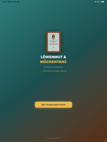 Löwenmut & Mückentanz App iPad – Startbildschirm