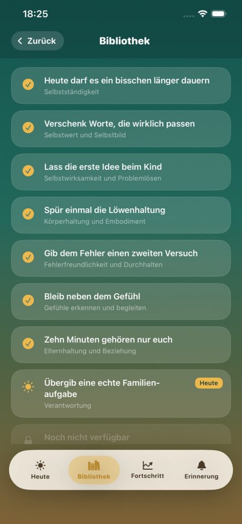 Bibliothek mit den bereits abgeschlossenen Löwenimpulsen und ihren Themen